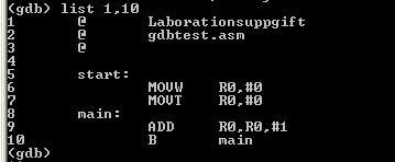 GDB identifierar sig nu med en rad utskrifter, slutligen skrivs GDB:s prompter till terminalen: (gdb) Det kan vara praktiskt att sätta aktuellt bibliotek, det gör du med cd-kommandot.