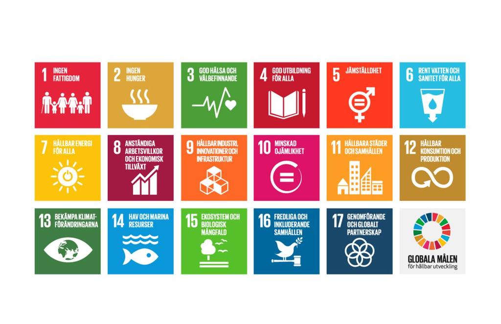 17 globala mål för att leda världen mot en mer rättvis och hållbar framtid till 2030.