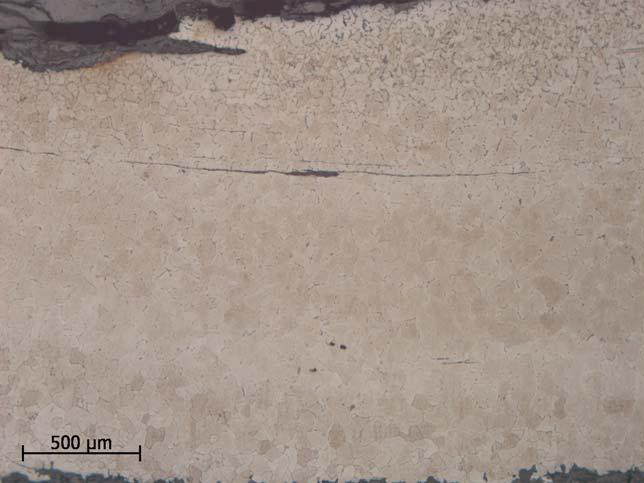 Foto från mikroskopet på etsat prov. Figur 22. F1007. Detalj från längdsnittet. Ett band av tunna inneslutningar löper något vindlande längs ena ytterkanten.
