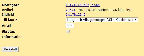 Kontrollera alltid vilket lager som du återlämnar till så att det är rätt. 6. Om du vill skrota artikeln, markera rutan Skrotas. 7.