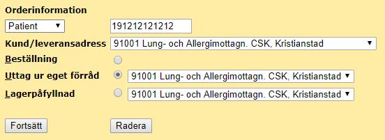 Sida 6 (14) Förskriva med uttag direkt ur eget lager Om din enhet har ett eget förråd så kan du skapa utleverans direkt från förrådet. Då skickas ingen beställning till leverantör.