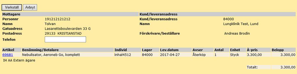 Eftersom du själv lämnar över den till patienten ser den sista bilden annorlunda ut och du kan inte ange t.ex. leveransadress och leveranssätt. Sida 7 (14) 5.