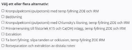 28 QUESTION Ellen 28 28(30) Motivera ditt val av akutbehandling för tanden 46. (max 100 ord) Skriv in ditt svar här DELIVERY Arbetsmaterial, underlag för bedömning.