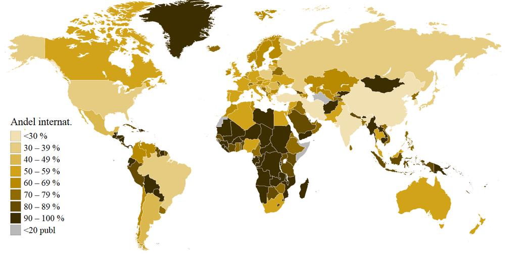 Andel av publikationerna som baseras på internationellt samarbete. Underlaget är publikationer från 2015 och heltalssummering, ingen begränsning av antalet författare.