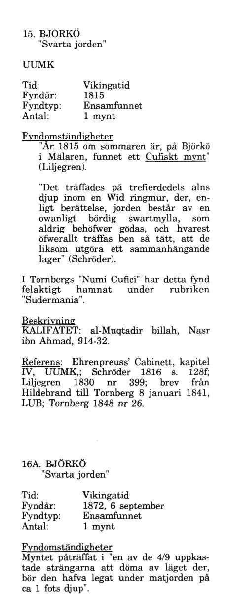 15. BJÖRKÖ UUMK "Svarta jorden" Fyndår: 1815 Fyndtyp: Ensamfunnet "Ar 1815 om sommaren är, på Björkö i Mälaren, funnet ett Cufiskt mynt" (Liljegren).