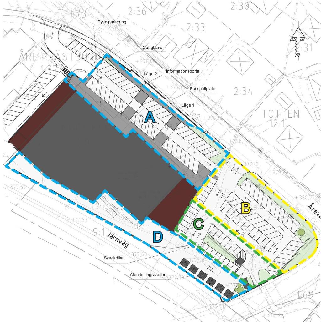 Föreslagen plats för underjordiskt magasin Figur 1. Delområden inom fastigheten. Förslag till placering av svackdike samt underjordiskt magasin framgår.