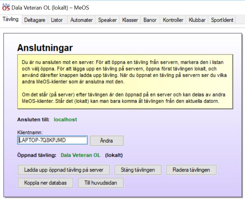 Ladda upp tävling till DB DB-anslutning med lokalt öppnad tävling Ladda upp Löpar-db som följer med kommer att användas av alla klienter Stäng tävling