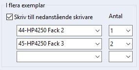 I ovanstående exempel sker en utskrift till skrivare 44-HP4000 Fack 2 och två utskrifter till skrivare 45- HP4000 Fack 3, totalt 3 utskrifter. Någon start- och slutkod behöver inte anges. Obs! Tips!