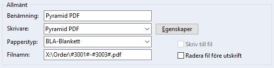 3. Övriga inställningar lämnas enligt förinställda värden. EXEMPEL: I fältet filnamn anges: X:\Order\#3001#-#3003#.pdf där X står för enheten på servern.