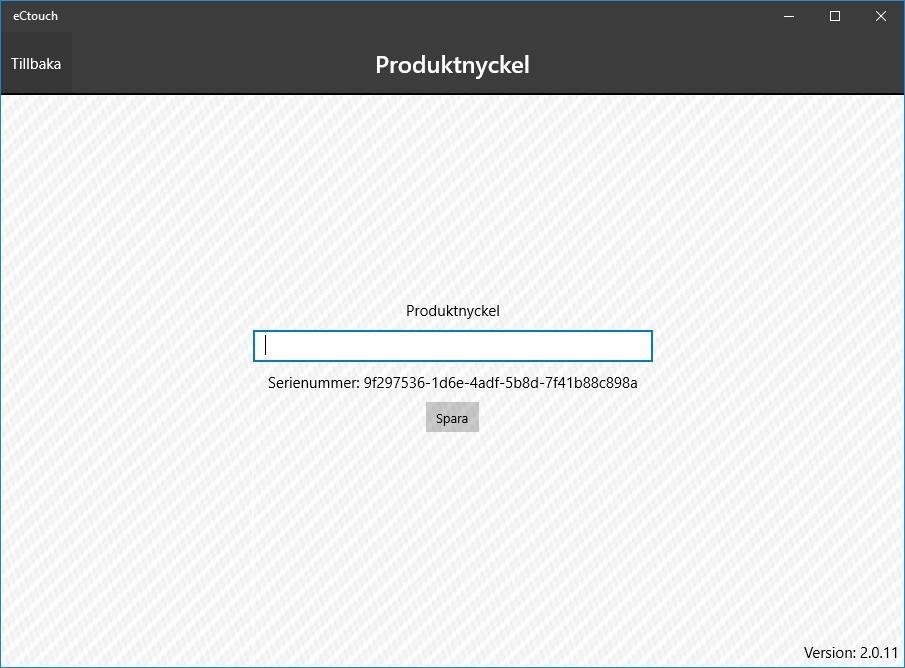 3. Tryck på Produktnyckel 4. Skriv in en giltig produktnyckel och tryck på Spara-knappen. 5. En dialogruta visas: "Ändra produktnyckel. Obs!