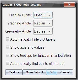 Utför följande steg för att anpassa inställningarna för applikationerna grafer och geometri. 1. Skapa ett nytt graf- och geometridokument eller öppna ett befintligt dokument. 2.