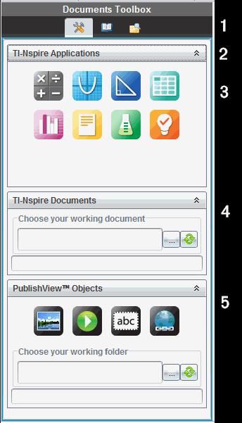 À I ett PublishView -dokument: Klicka på för att öppna applikationsmenyn och verktygen som behövs för att arbeta med TI-Nspire -applikationer och PublishView -objekt.
