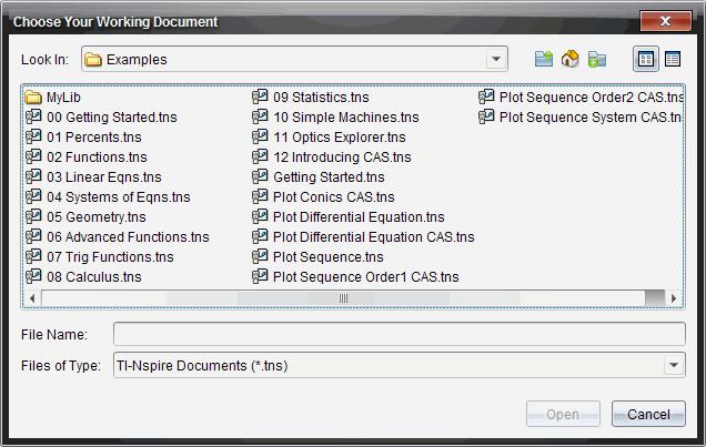 Gå till mappen där TI-Nspire -dokumentet är lagrat: Klicka i Titta i: för att använda en filläsare för att lokalisera en mapp.