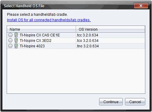 Obs: TI-Nspire -programmet visar automatiskt OS-typen för vald handenhet. 4. Klicka på Installera OS. 5. Klicka på Ja för att bekräfta att du vill fortsätta med uppdateringen. 6.