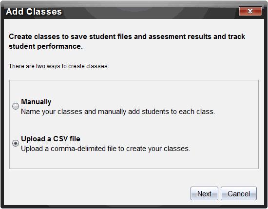 3. Välj Ladda upp en CSV-fil från dialogrutan Lägg till klasser. 4. Klicka på Nästa.