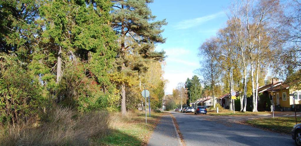 Figur 2. Foto med detaljplaneområde på Kontoristvägens väntra sida. Rekreation Området ansluter till Fagersjöskogen. Området är smalt och kuperat med blandad natur.