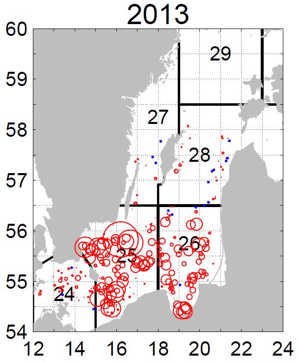 Fig. 5.4. Provfiskefångster indikerar att torsken är idag koncentrerade till södra Östersjön. Kartorna visar fångster av torsk i Östersjön i provfisket 2012 och 2013.