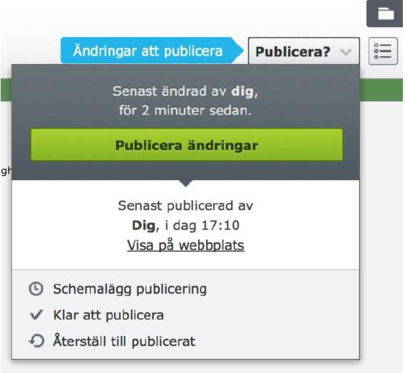 Om du ska redigera en sida som visar den här blå pilen och det står Publicera? på knappen, så har någon gjort ändringar på sidan som inte är publicerade.