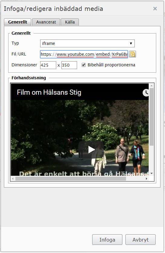 Youtube film i på sidan För att lägga in en film i editorn, ställ markören där du vill lägga in filmen. 1.