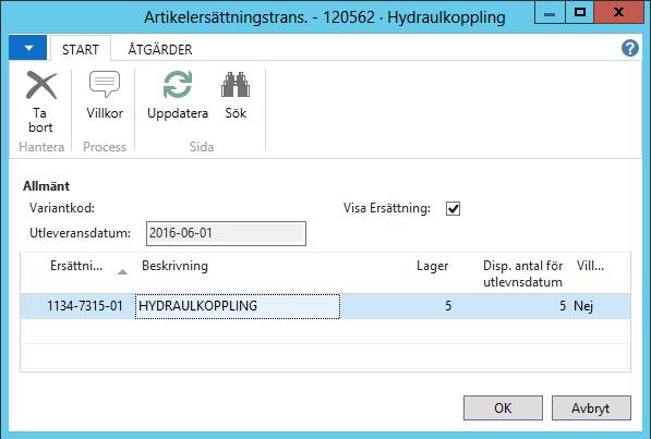 Här kan vi se att 120562 är ersatt av 1134-7315-01, och att det finns 5st i lager. Tryck ENTER eller klicka på OK och artikelraden på ordern ändras till det nya numret.