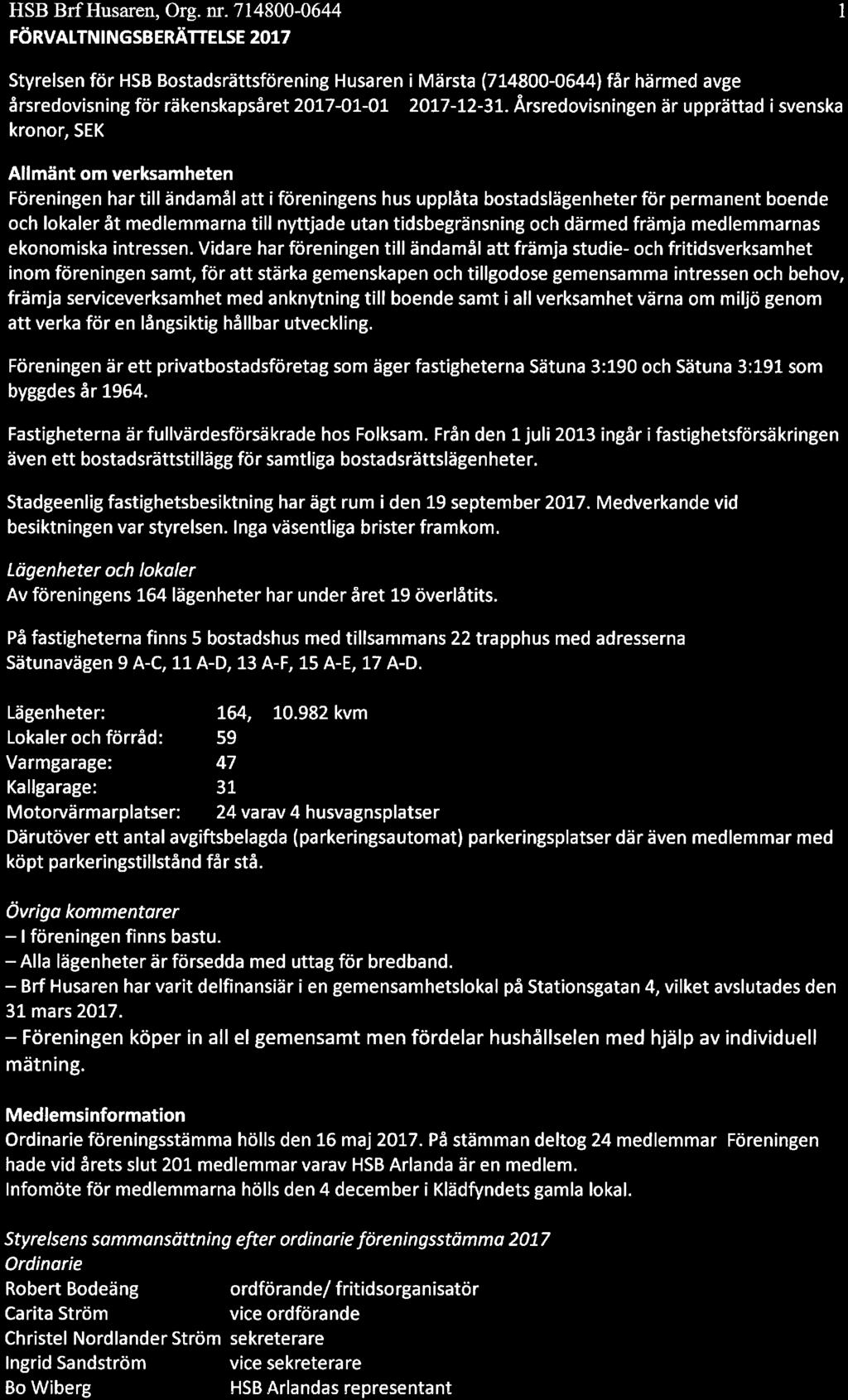 HSB Brf Husaren, Org. nr. 714800-0644 l FÖRVALTNINGSBERÄTTELSE 2017 Styrelsen för HSB Bstadsrättsförening Husaren i Märsta (714800-0644) får härmed avge årsredvisning för räkenskapsåret 2017-01-01 -.