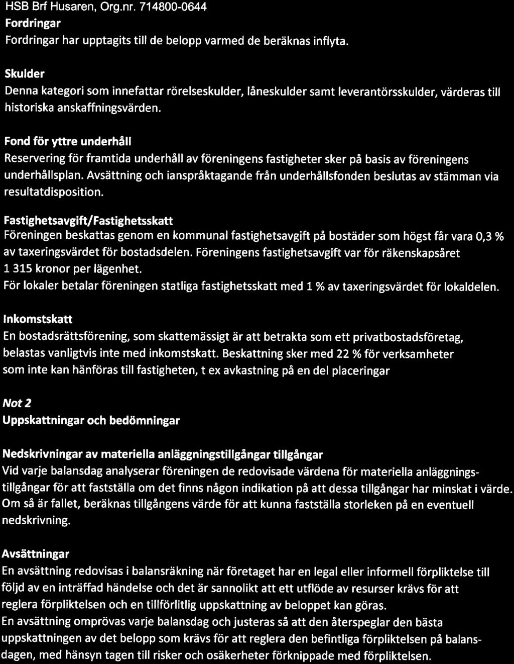 HSB Brf Husaren, Org.nr. 714800-0644 Frdringar Frdringar har upptagits till de belpp varmed de beräknas inflyta.