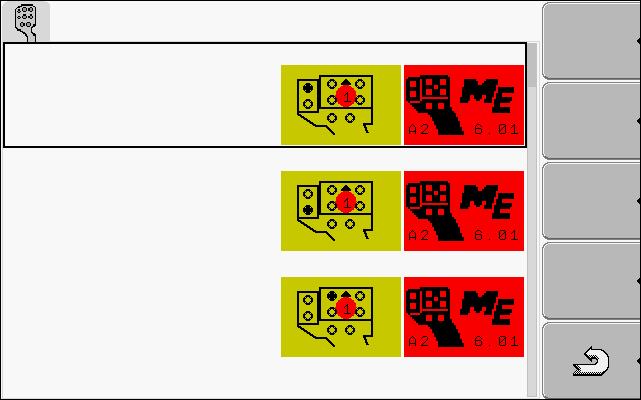 Växla till konfigurationsskärmen för joysticken: Service Följande skärmbild visas: Vilka symboler som visas här beror på den anslutna ISOBUS-jobbdatorns programvara. Det här är bara ett exempel. 2.