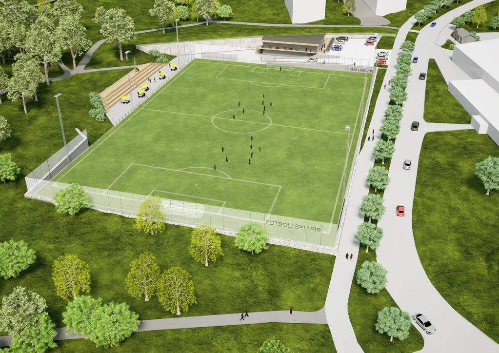 Illustration som visar nya fotbollsplanen och nytt klubbhus sett från ovan/söder (Sweco, Trafikverket).