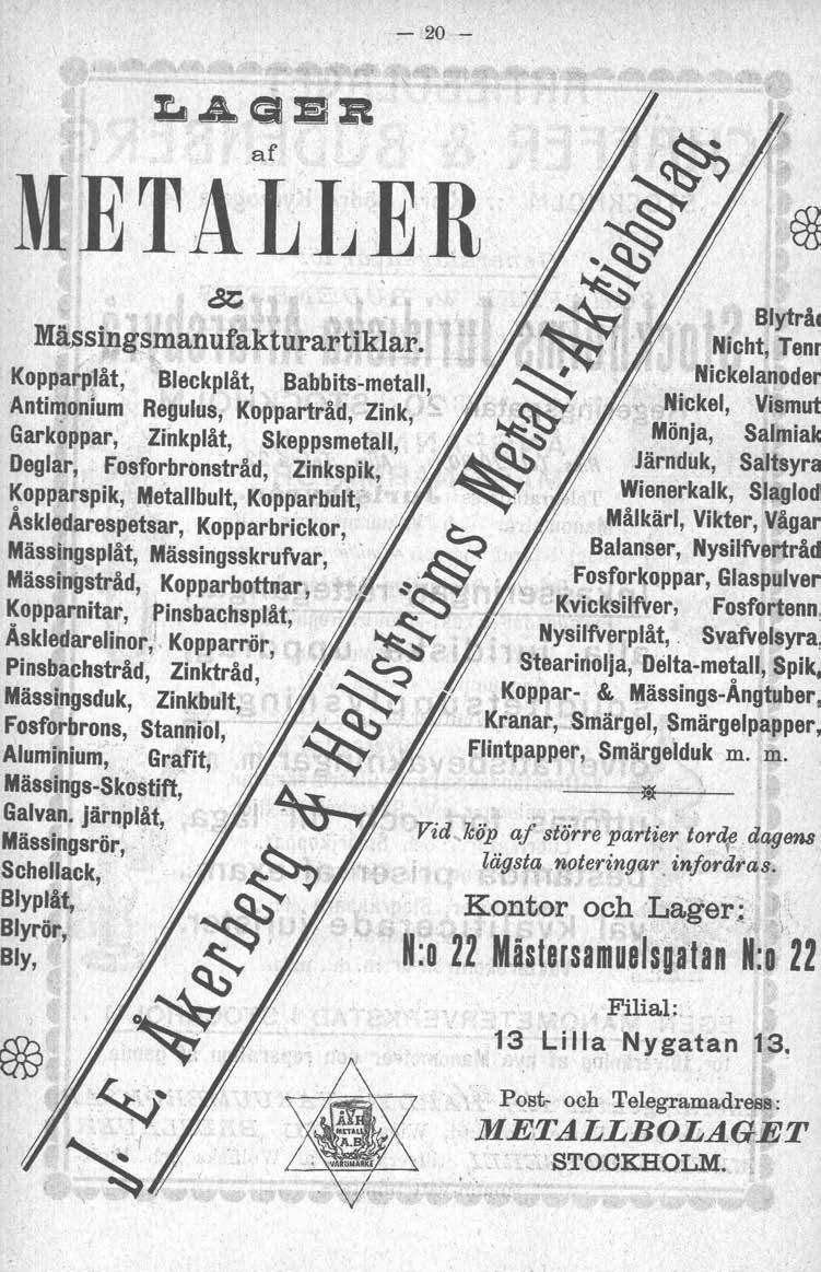 - 20 - af METALLER &, Blytråe Mä.ssing~manufakturar tlkls l ar. Nickelanoder Nicht, Tenr Kopparplåt,'BJeckplåt, Babbits~metall,.