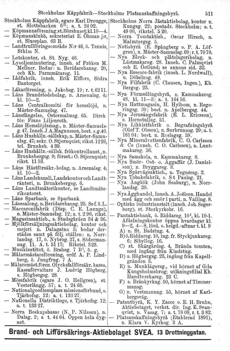 Stockholms Käppfabrik-Stockholms Platsanskaffningsbyrå. 511 Stockholms Käppfabrik, egare Karl Drougge, Stockholms Norra Jästaktiebolag, kontor n. st. Slottsbacken 6 Il ; a. t. 2402. Kungsg.