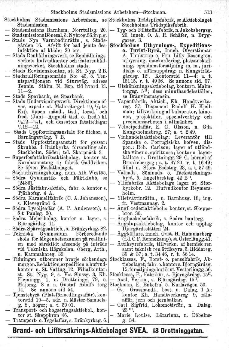 Stockholms Stadsmissions Arbetshem-Stockman. 513 'Stockholms Stadsmissions Arbetshem, se Stockholms 'I'rådspiksfabrik, se Aktiebolaget Stadsmission. Stockholms Trådspiksfabrik.