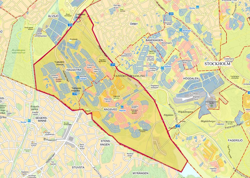 Bilaga - Karta över vilka fastigheter inom området Hagsätra/Rågsved som utgörs av stadens fastigheter De gula är fastigheterna ägs av staden eller