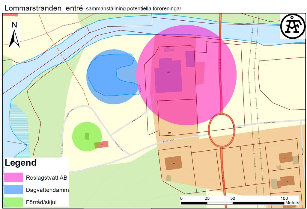 4.6 Sammanställning potentiella föroreningar En sammanställning av de potentiella områden där föroreningar i mark kan förekomma har markerats i Figur 18.