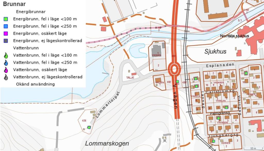 3 Känsliga objekt 3.1 Brunnar Enligt SGU:s brunnsdatabas finns ingen vattentäkt inom området. Ett flertal brunnar har borrats för energiändamål östra sidan om väg 76, se Figur 5.