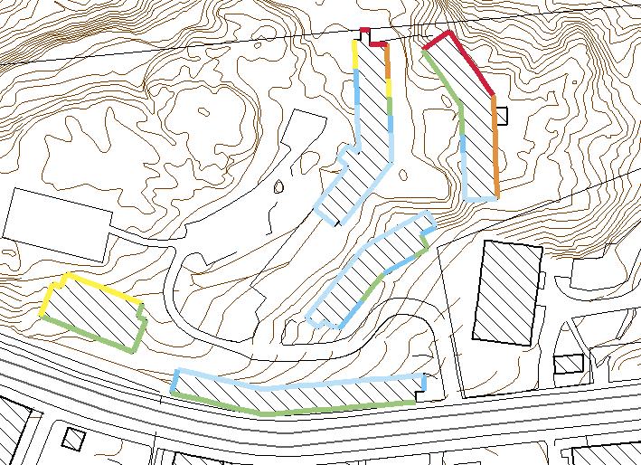 Reviderad: 2014-02-077, sid 9 (13) 8.1 Ekvivalent ljudnivå vid fasad Hus 1 Hus 4 Höghuset Hus 2 Figur 3. Ekvivalent ljudnivå vid fasad. Högsta nivån vid någon våning.