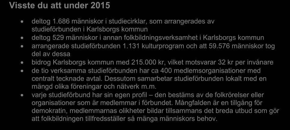 studieförbunden 1.131 kulturprogram och att 59.576 människor tog del av dessa bidrog Karlsborgs kommun med 215.