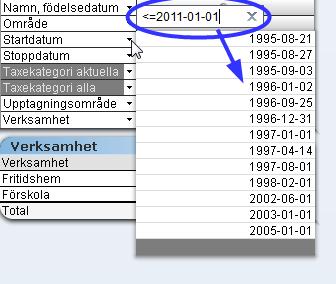 5 Urvalslista Urvalslistorna är placerade till vänster i applikationen. Genom att klicka på den svarta pilen bredvid fältnamnet visas en lista med alla valbara värden.