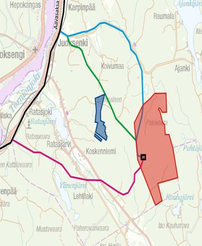 Bild 1. Preliminära delgeneralplaneområden för Palovaara vindkraftspark visas med rött och för Ahkiovaara med blått. Även preliminära alternativa rutter för kraftöverföring visas på kartan.