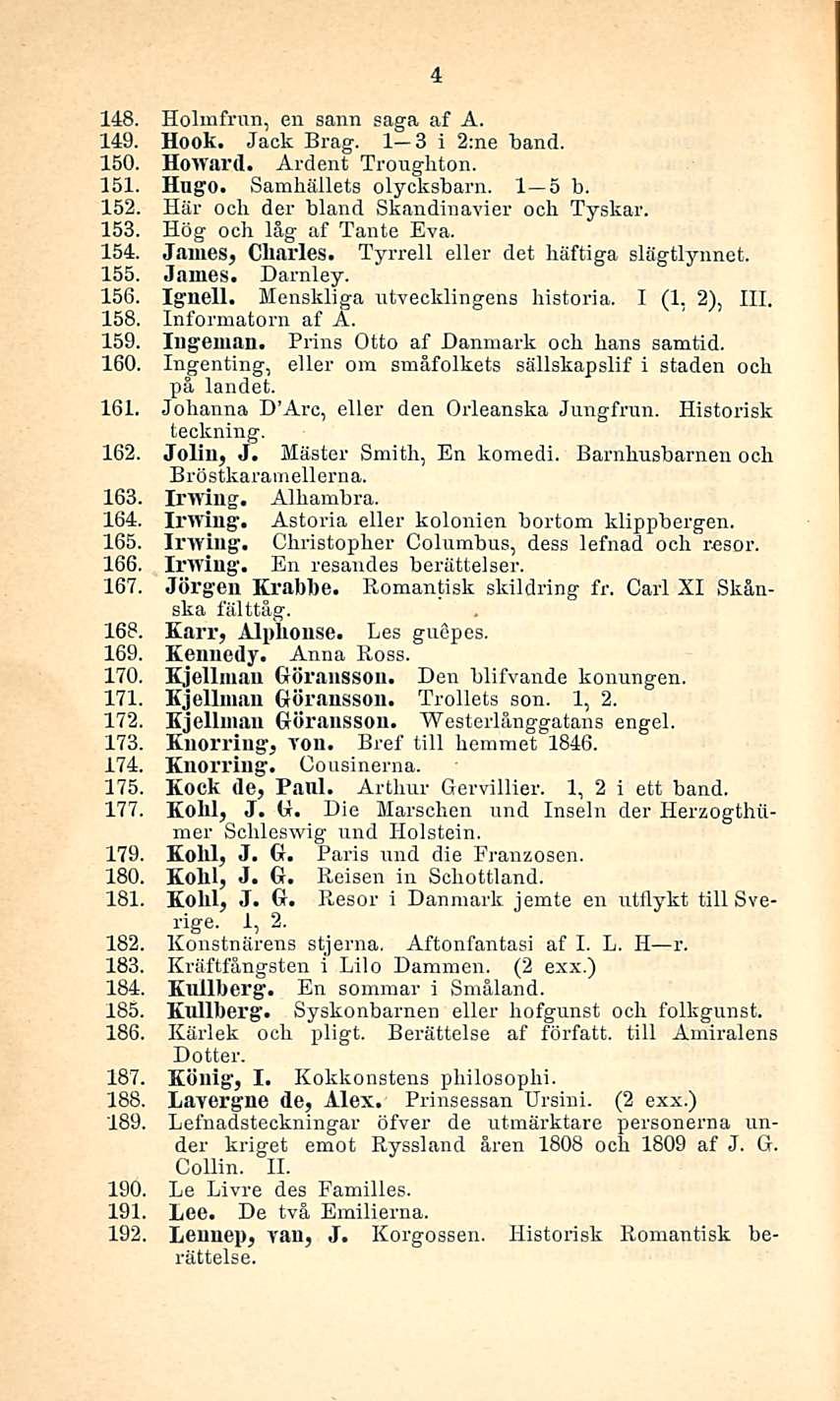 4 148. Holmfrun, en sann saga af A. 149. Hook. Jack Brag. I 3 i 2:ne band. 150. Howard. Ardent Troughton. 151. Hugo. Samhällets olycksbarn. I s b. 152. Här och der bland Skandinavier och Tyskar. 153.