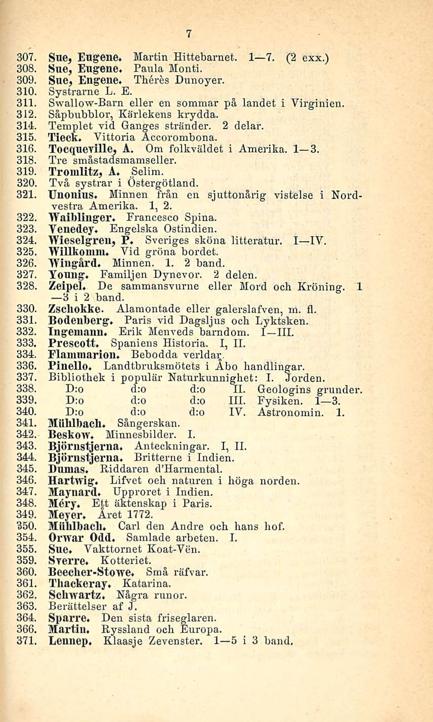 7 307. Sue, Eugene, Martin Hittebarnet. I 7. (2 exx.) 308. Sue, Eugene. Paula Monti. 309. Sue, Engene. Theres Dunoyer. 310. Systrarne L. E. 311. Swallow-Barn eller en sommar på landet i Virginien.
