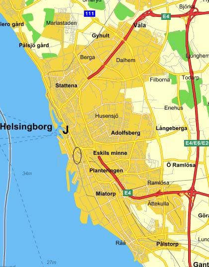 Campus Helsingborg CHbg Figur 3: Karta över Helsingborg med Campus Helsingborg (CHbg) samt centralstationen markerade med ellips respektive J. Tätorten Helsingborg har nästan 100,000 invånare.