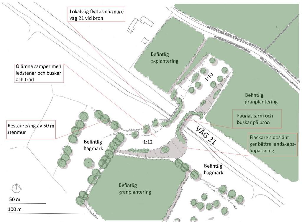 Figur 2. Planerad utformning av viltpassage över väg 21. 5.2. Grundläggning Innan grundläggning av planerad bro utförs ska alla jordlager med organiskt innehåll utskiftas.