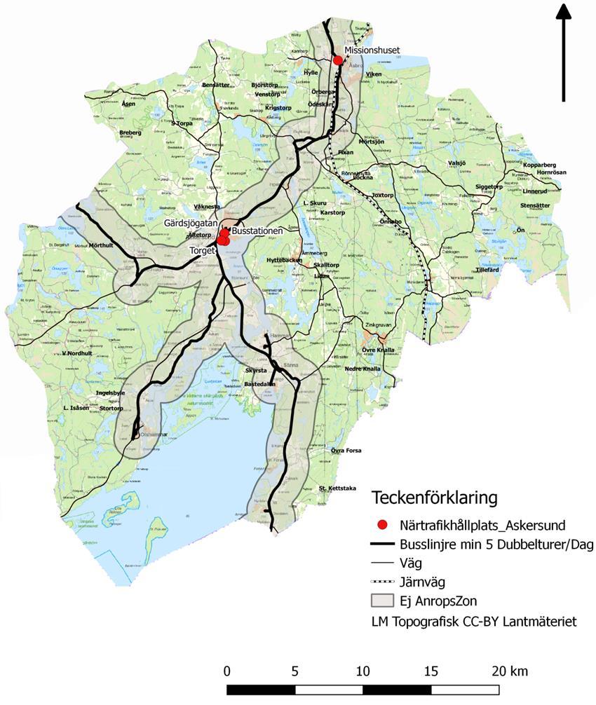 Figur 12. Busslinjer i Askersunds kommun med en buffertzon på 1,5 km.