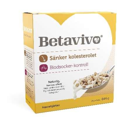 Fakta om Betavivo Betavivo havrehjärtan hjälper till att sänka kolesterolet, men hjälper även till att sänka blodsockerhöjningen efter måltiden.