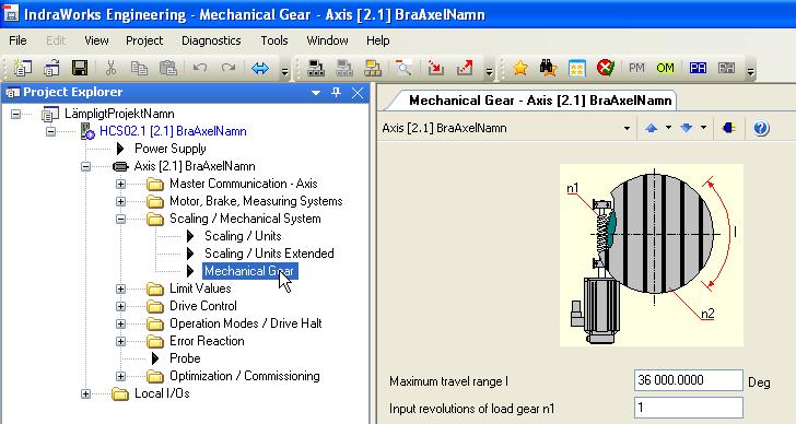 4. Byt till parametermode genom att klicka på Yes i dialogen 5. Dubbelklicka på Mechanical Gear 6. Ställ in axelns maximala rörelseområde.
