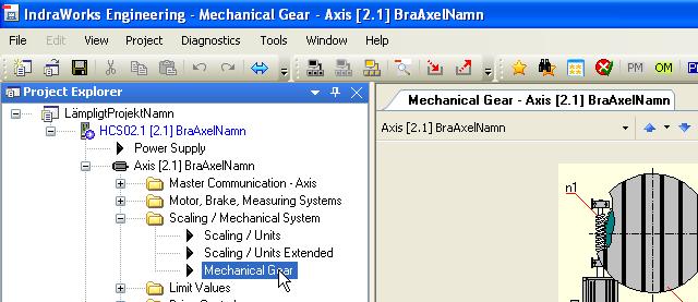 6. Dubbelklicka på Mechanical Gear 7. Ställ in axelns maximala rörelseområde. Detta värde skall vara större än axelns verkliga rörelseområde.