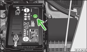 Kanten på polyester-batterikåpan 1 sticks vid arbeten på batteriet in mellan batteriet och batterikåpans sidovgg.