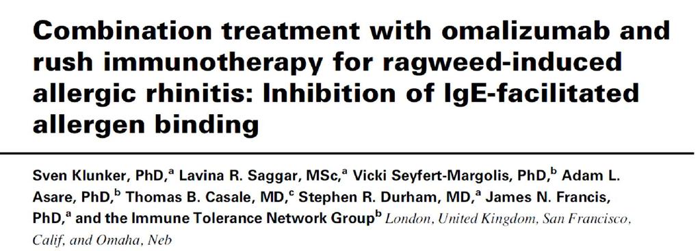 Likheter mellan ASITs och omalizumabs verkningsmekanismer förstärker varandras effekt Conclusion Ragweed immunotherapy induced serum regulatory antibodies that partially blocked binding of