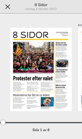 Tryck någonstans på den sida som du vill läsa i tidningen o Du hamnar då i fullskärmsläget på den sida du har valt Nu kan du välja en artikel för att hamna i läsläget o Du kan även zooma in och ut