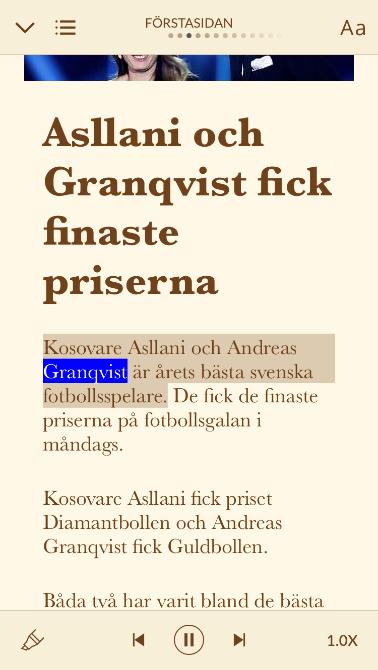 Dra cirkeln mot haren för att det ska gå snabbare eller mot sköldpaddan för att det ska gå långsammare. o I ios kan du även välja om appen ska markera ord, meningar eller båda två vid uppspelning.